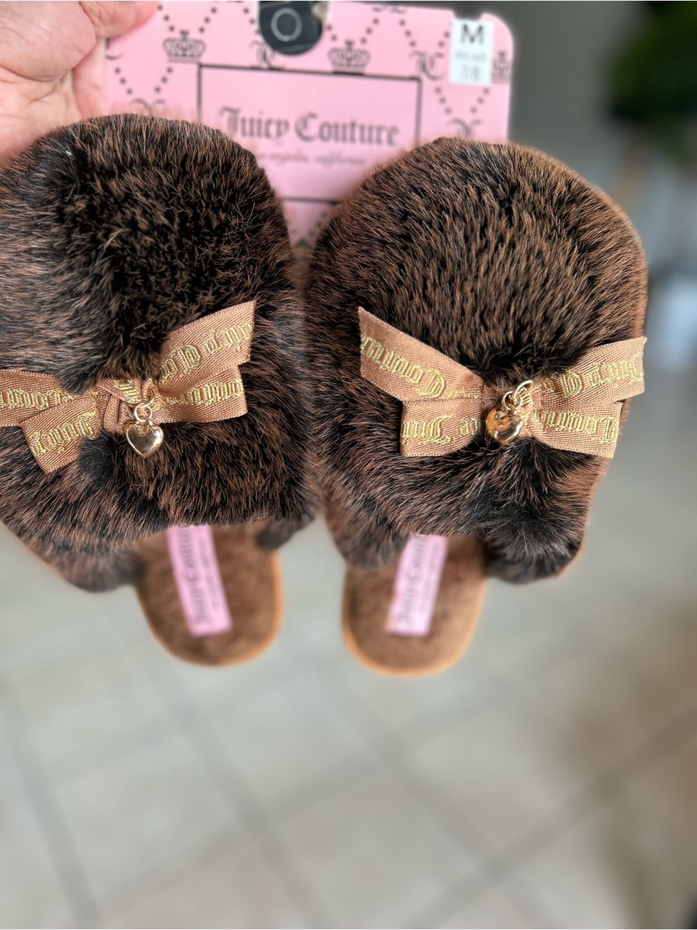 Juicy Couture  Brown Faux-Fur Bow Slippers